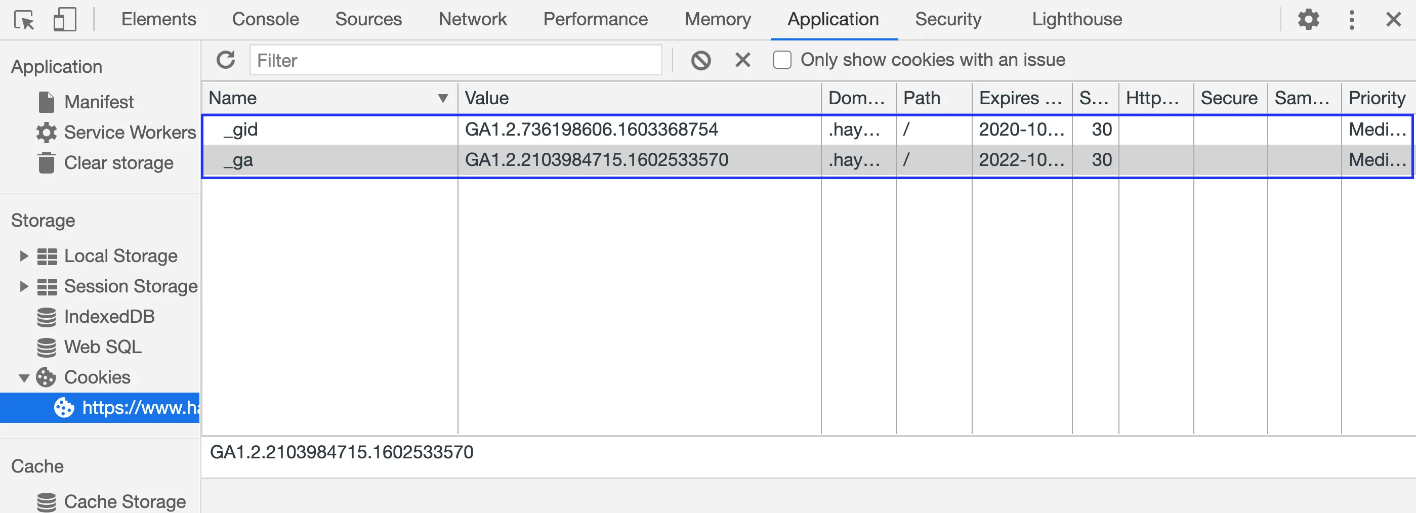 Example of cookies being used by a website